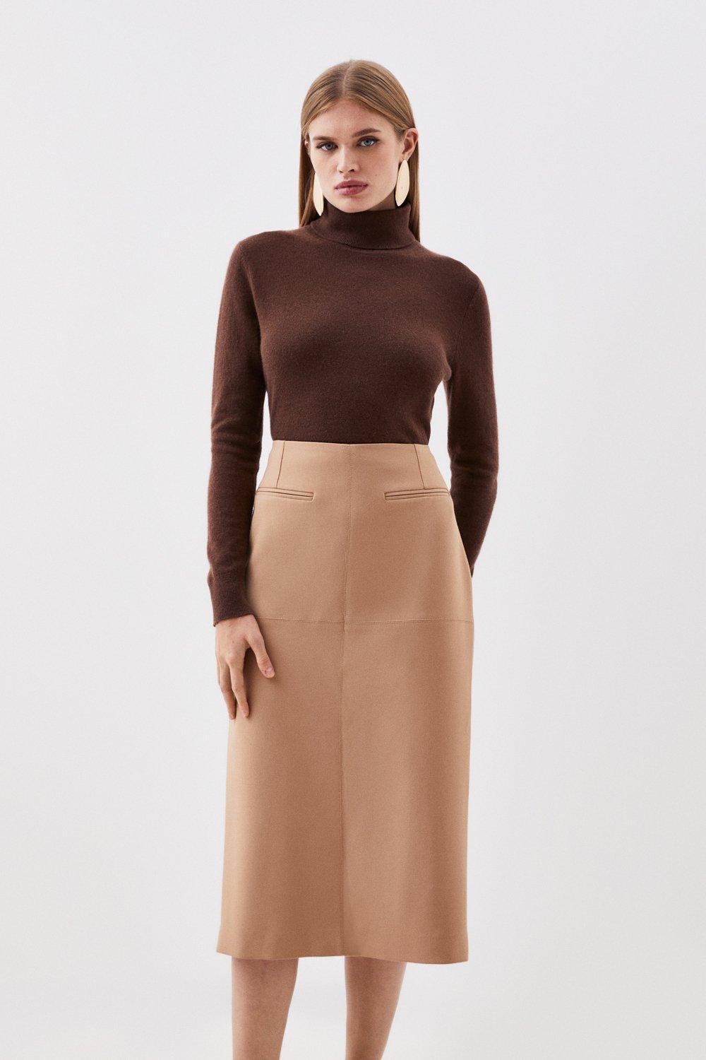 Tailored Compact Stretch Midi Skirt - Camel